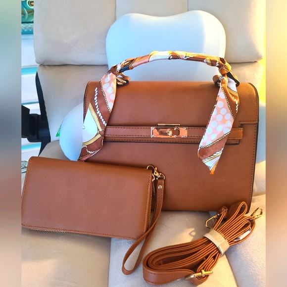 New top handle brown crossbody vegan Leather satchel+ twilly+ matching w… - Picture 1 of 6